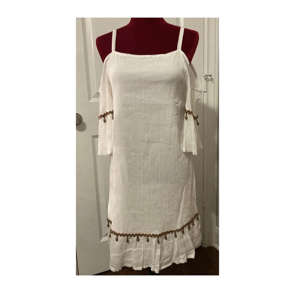 NWT Basically Me Sz M/L Off White Cold Shoulder Brown Beaded Midi Dress Boho